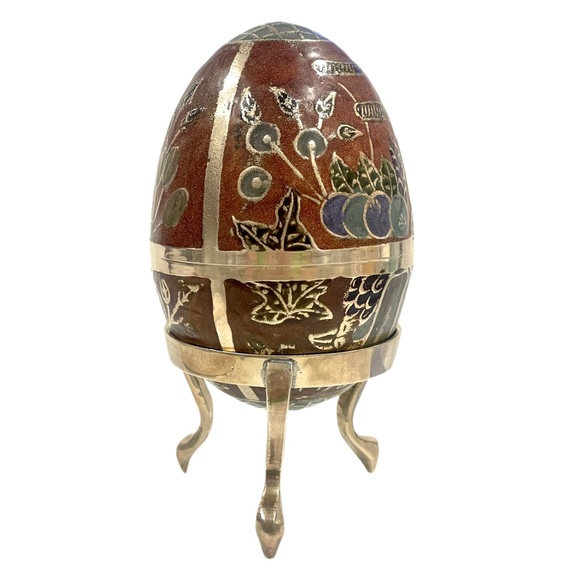 Enameled Cloisonne Brass Egg Trinket Box with Brass Stand Fruit & Flower Design. - Picture 3 of 15